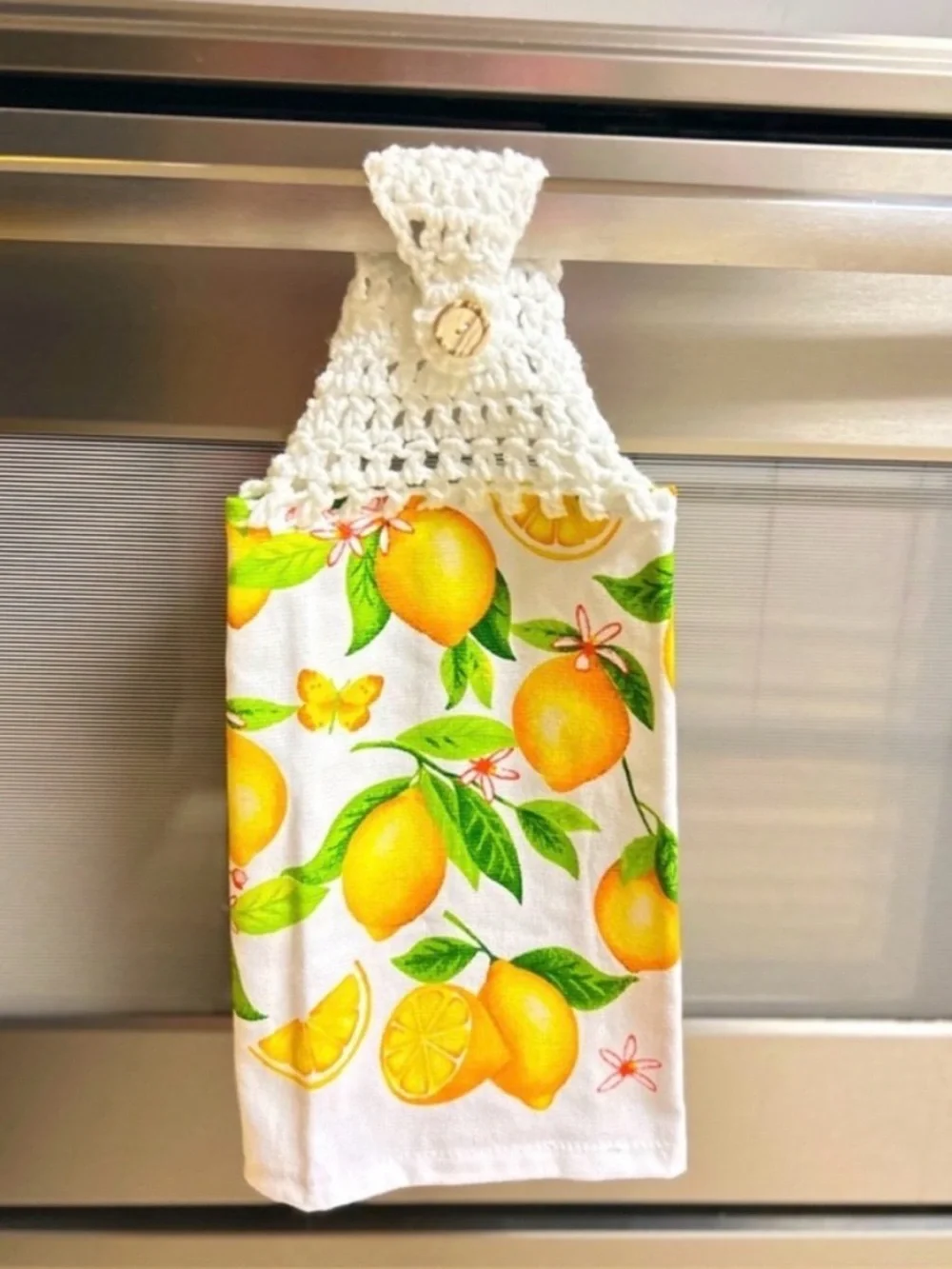 Hand Crafted Lemon Print Hanging Kitchen Towel - White, Yellow, Green